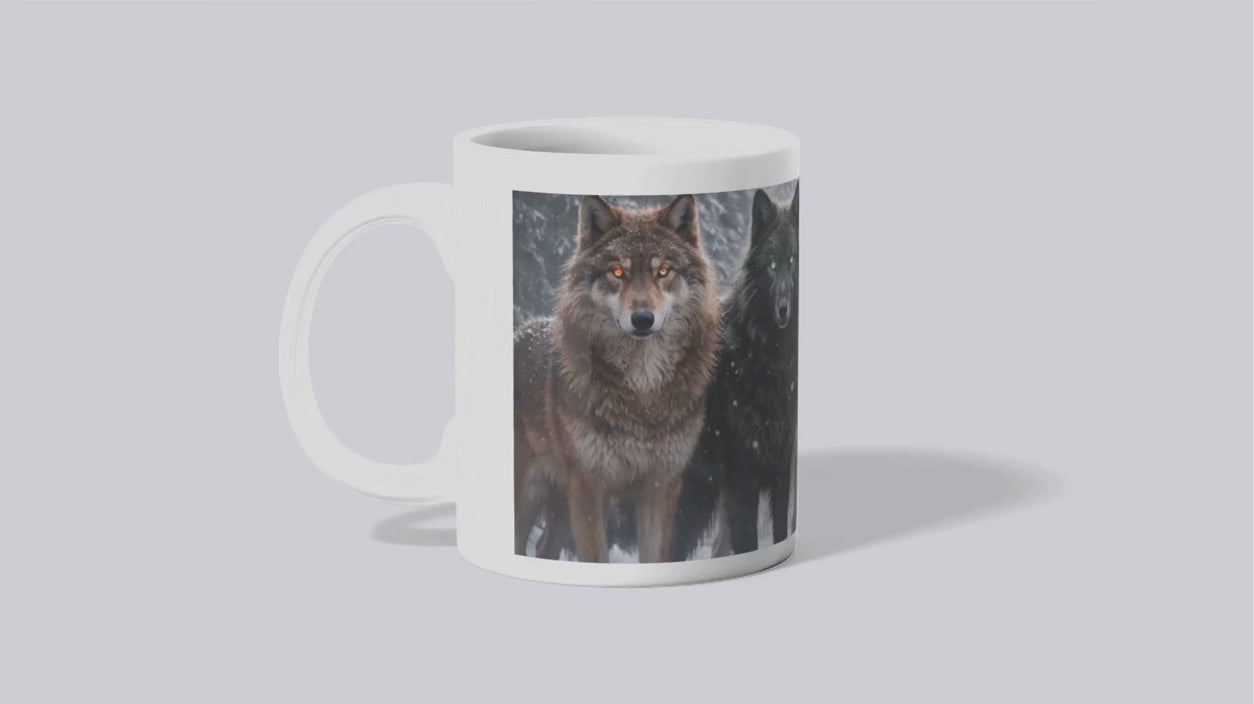White Mug with Four Wolves in Snowy Landscape Design