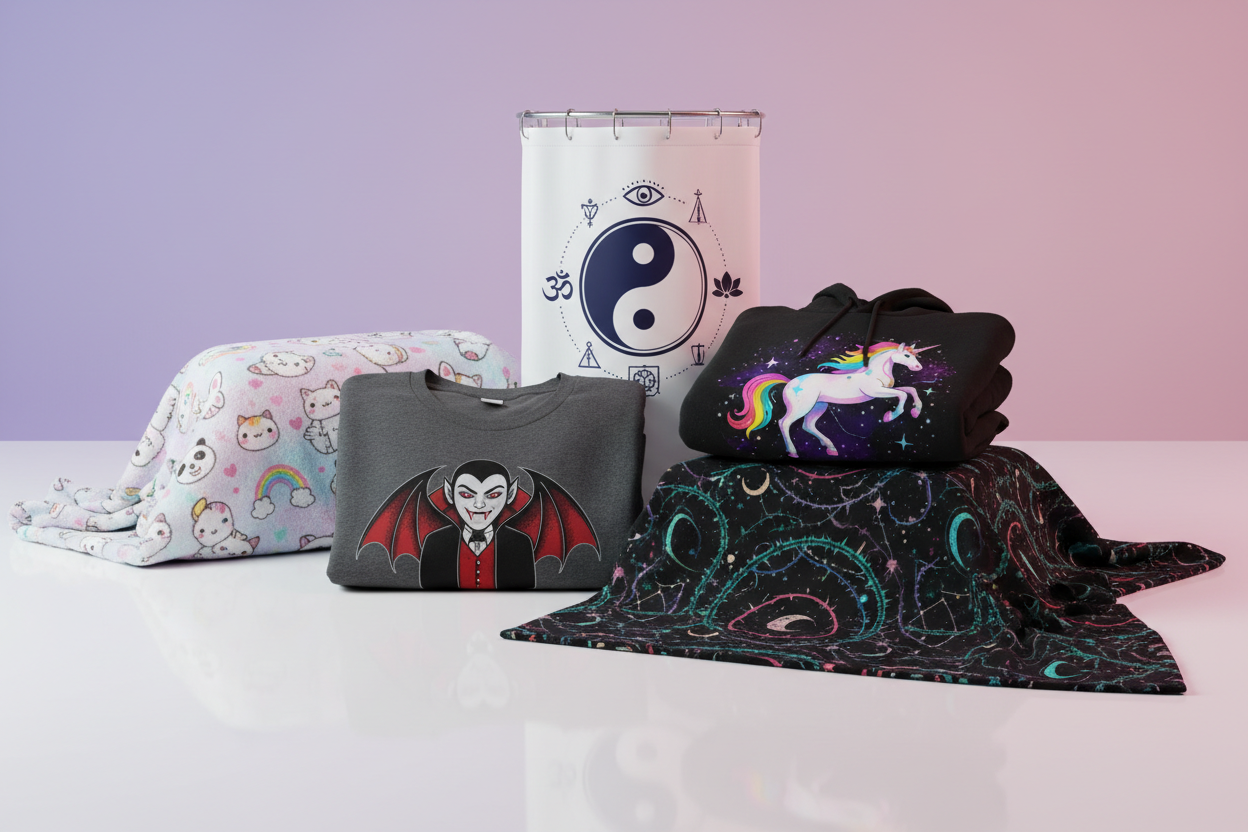 Variedad de productos - Camisetas, mantas y cortinas